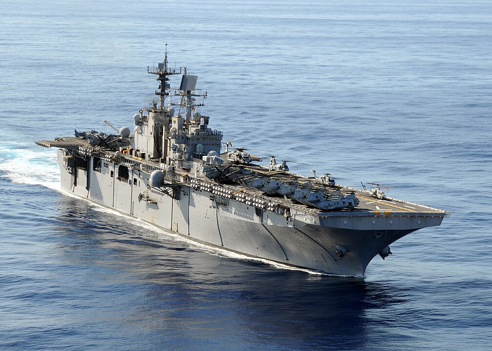 080906-N-1082Z-029 ATLANTIC OCEAN (Sept. 06, 2008) - The multi-purpose amphibious assault ship USS Iwo Jima (LHD 7) transits the Atlantic Ocean. Iwo Jima is deployed as part of the Iwo Jima Expeditionary Strike Group (ESG) in support of maritime security operations in the Navy's 5th and 6th Fleet areas of responsibility. The Iwo Jima ESG is made up of Iwo Jima; the amphibious dock landing ship USS Carter Hall (LSD 50); the amphibious transport dock ship USS San Antonio (LPD 17); the guided-missile cruiser USS Vella Gulf (CG 72); the guided-missile destroyer USS Ramage (DDG 61); all homeported at Norfolk, Va.; the guided-missile destroyer USS Roosevelt (DDG 80), homeported at Mayport, Fla.; and the fast attack submarine USS Hartford (SSN 768), homeported at Groton, Conn. U.S. Navy photo by Mass Communication Specialist 2nd Class Jason R. Zalasky (Released)