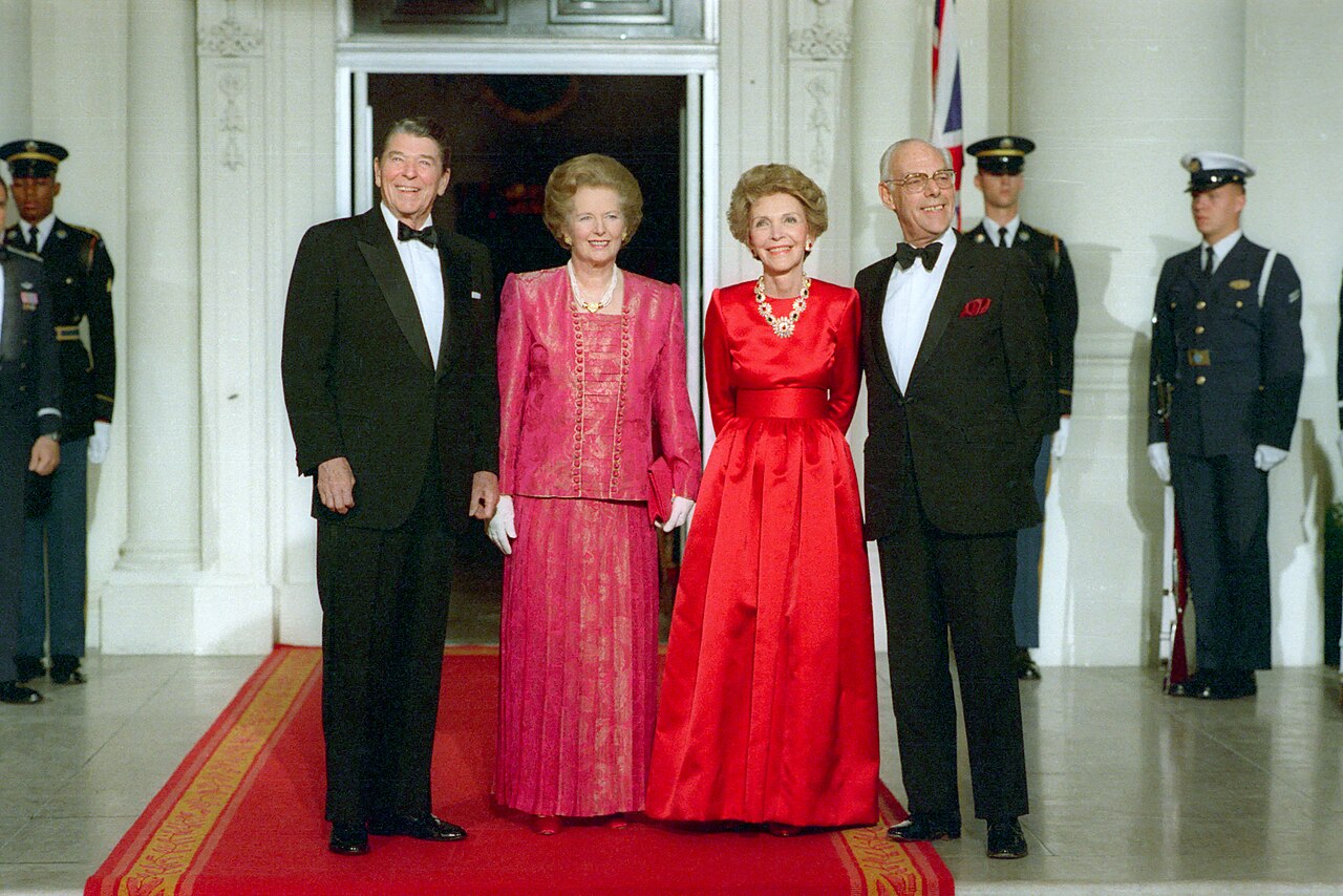 11/16/1988 President Reagan Nancy Reagan Margaret Thatcher and Denis Thatcher on the North Portico during the last state dinner hosted by the Reagans at the White House