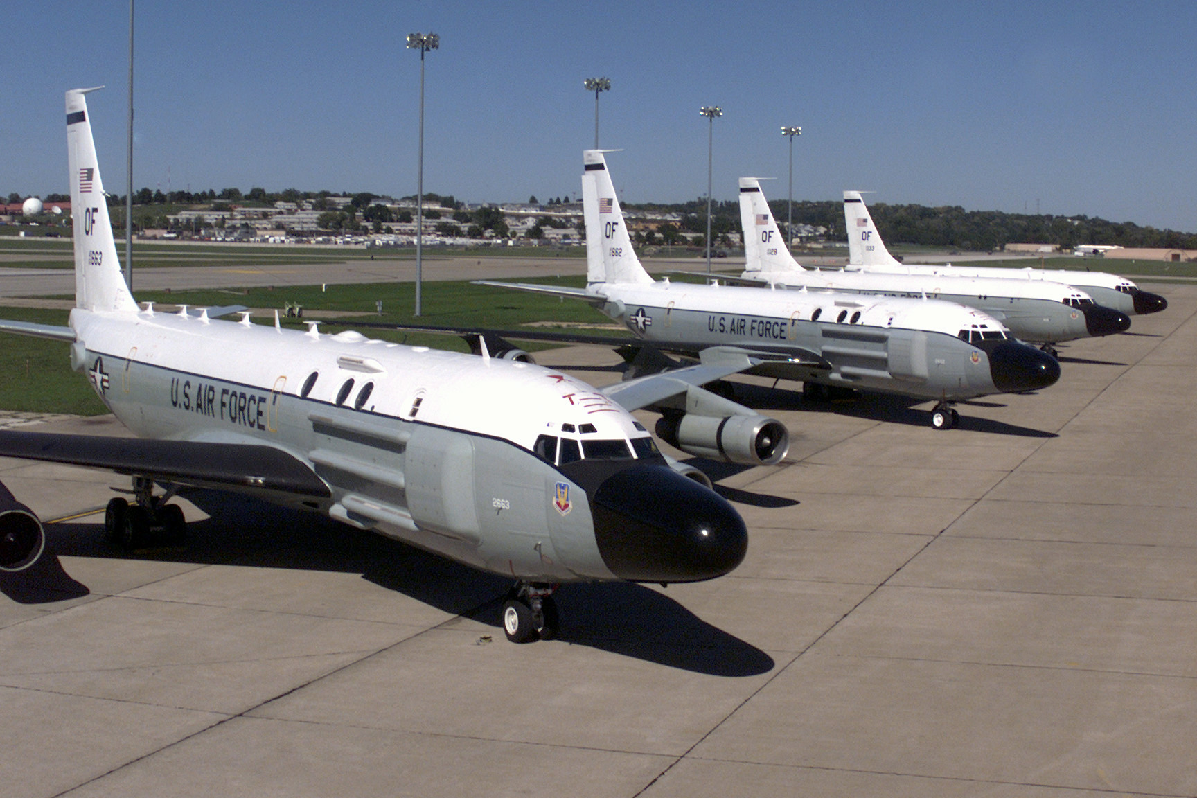 The 45th Reconnaissance Squadron's RC-135 Cobra Ball are brought together on the flightline at Offutt Air Force Base, Nebraska. These aircraft are rarely seen in the same place at the same time due to its worldwide reconnaissance missions.