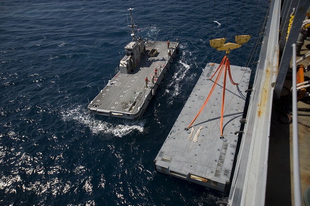 Sailors from Amphibious Construction Battalion 2 use Improved Navy Lighterage System (INLS) Causeway Ferry 07 power module to come alongside an INLS intermediate module after being unloaded from USNS Brittin (T-ARK 305) during Joint Logistics Over the Shore (JLOTS) 18.  JLOTS 18 marks the beginning of U.S. Southern Command’s exercise Beyond the Horizon, led by U.S. Army South, that helps to bolster regional and partner relations through humanitarian and civic assistance projects, medical readiness exercises, and exercise related construction projects taking place in El Salvador. (U.S. Navy photo by Mass Communication Specialist 2nd Class Kenneth Gardner/Released)